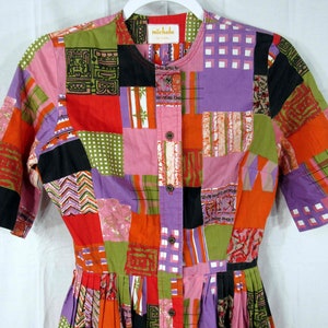 Boho 60's Vintage Michele of Miami Button Front Short Sleeve Shirt Dress Size 18 P2P, 12 Across Waist, Multicolor Patchwork Pattern Print image 4