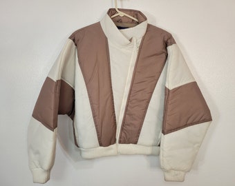 Gnarly! Vintage 1980s Vanderbilt brown/cream vertical stripe batwing asymmetrical zip nylon insulated coat women's M ski the K12!