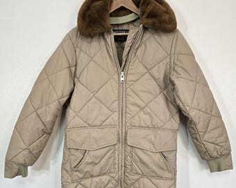 Vintage 1970s Sears Western Outdoor Shop tan quilted faux fur collar insulated ranch chore coat men's S 34 - 36 made in USA WOW condition!