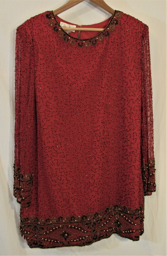 1980s/90s Laurence Kazar Red Silk Floral Beaded Ev