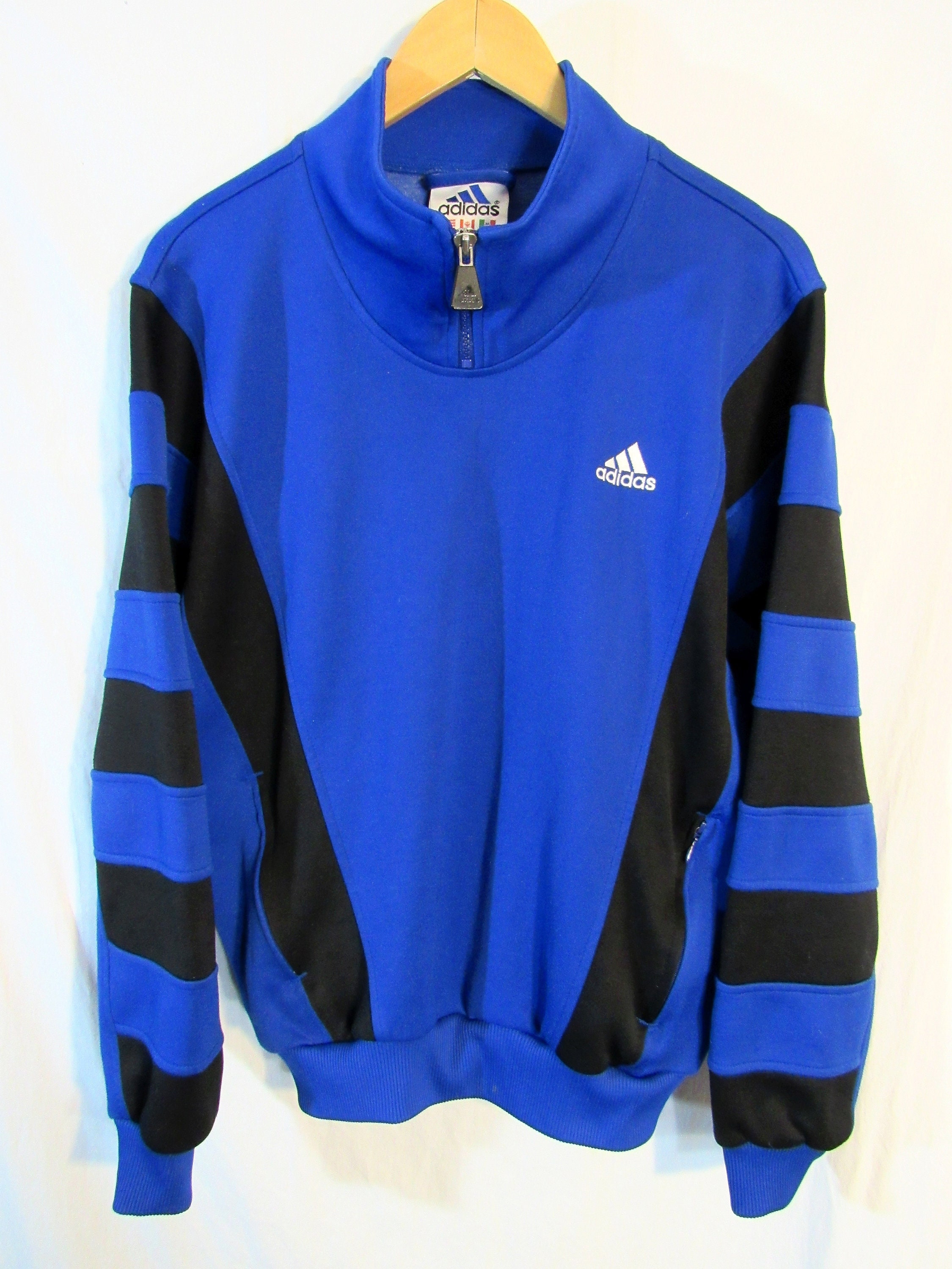Batwing! 1990s Vintage Adidas Men's Blue and Black Striped