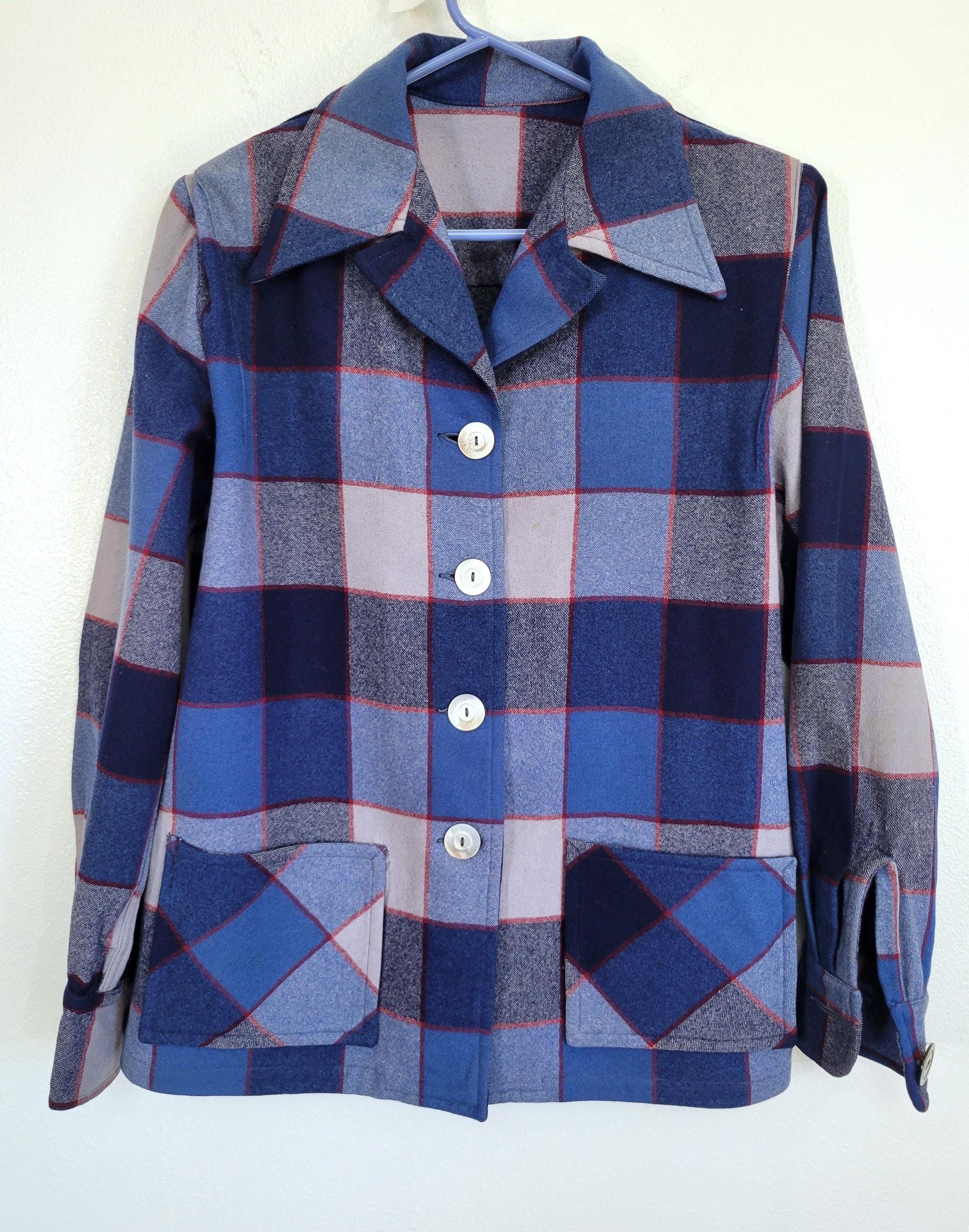 Vintage Western Star Seattle Washington women's Pendleton 49er style button front big collar blouse/top/shirt jac! blue and red plaid, neat!