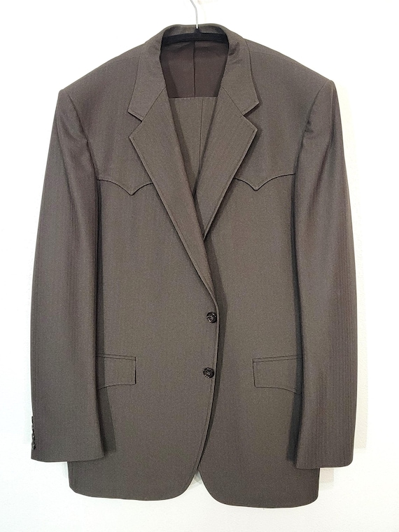 Vintage 1980s Saxony Hall western dark brown woven striped polyester 2-piece suit men's chest 46" made in USA looks unworn!