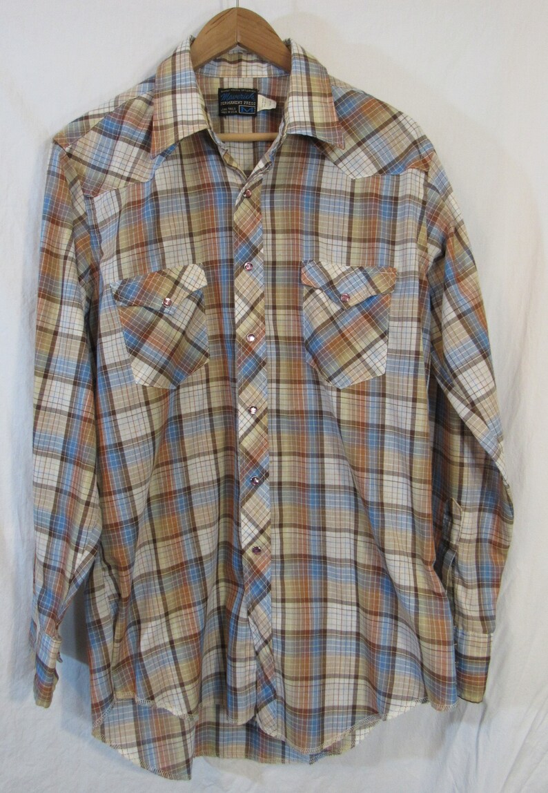 Maverick Western Brown Plaid PolyCotton Permanent Press Long Tails Pearl Snap Shirt Men/'s Large 16 12-35