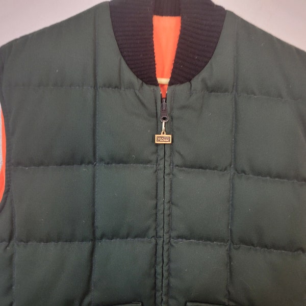 Vintage 1980s Walls Blizzard-Pruf Down Safety Orange/Green Reversible Puffer Work Hunting Zip Vest Men's L Chest 48" Made in USA