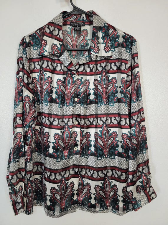 Halston, Vintage HALSTON BLOUSES women's button front blouse! "See through" stripes in fabric weave! 42 bust, paisley maroon black, mint condition!