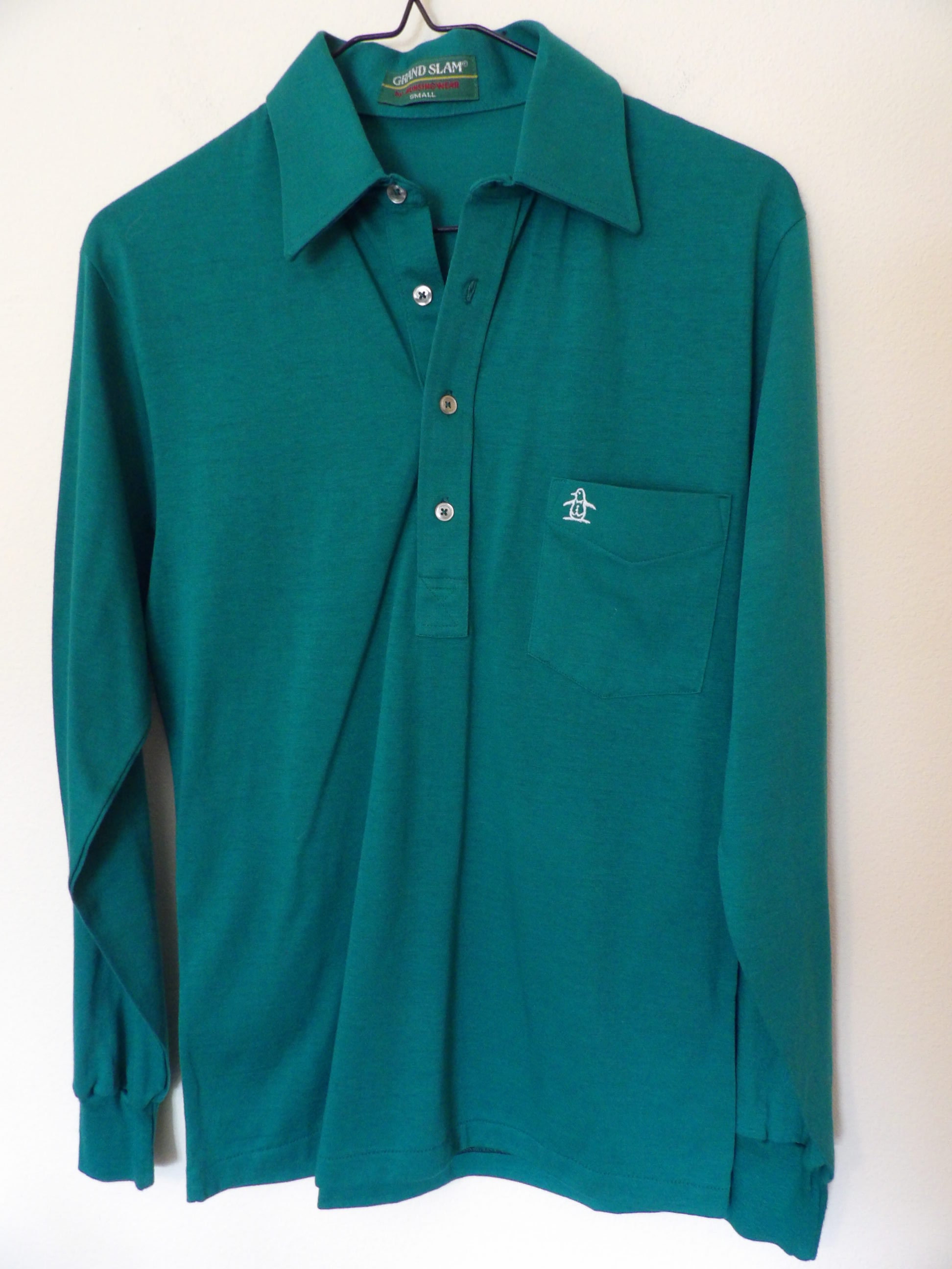 Chest Logo Worn, Men\'s S Etsy Embroidered Munsingwear Long Sleeve Green 1970s/80s Never Slam Polo - Grand Penguin Vintage 34