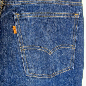 Groovy! 1970s Vintage Men&#39;s Orange Tab 646 Bell Bottoms Blue Denim Jeans, Size 30&quot; x 29.5&quot; (unhemmed), Talon 42 Zipper, Made in USA