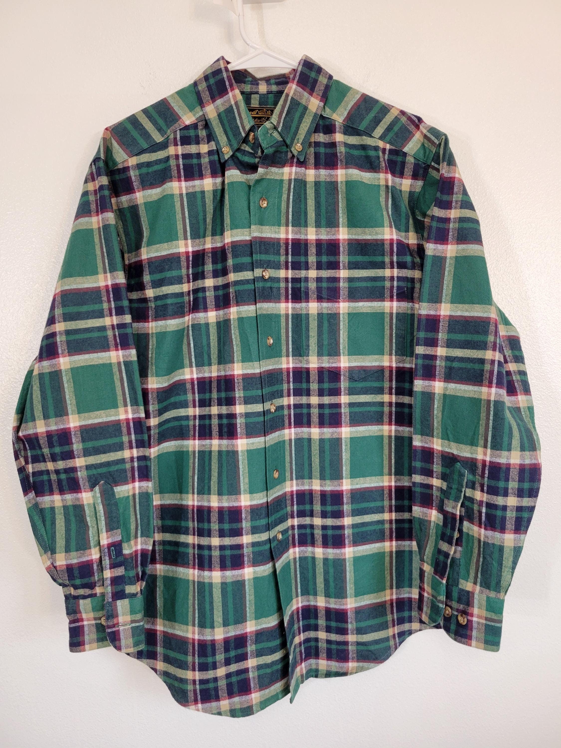 Vintage 1990s Eddie Bauer Heavy 100% Cotton Flannel Green Plaid 