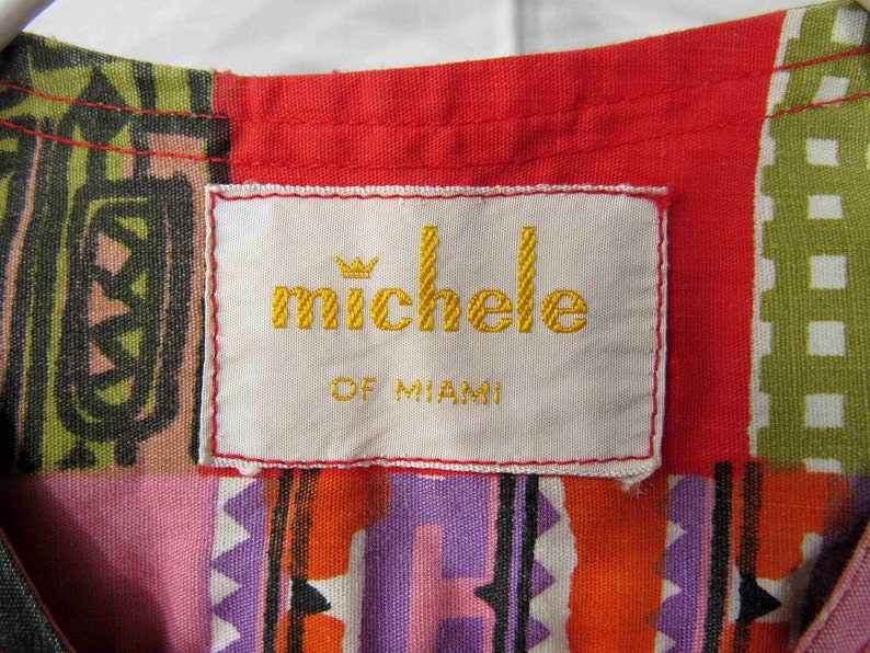 Boho 60's Vintage Michele of Miami Button Front Short Sleeve Shirt Dress Size 18 P2P, 12 Across Waist, Multicolor Patchwork Pattern Print image 3