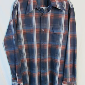 Vintage 1970s Joel of California Men&#39;s L Chest 42&quot; wide collar polyester plaid disco button shirt, new and unworn, red white and blue!