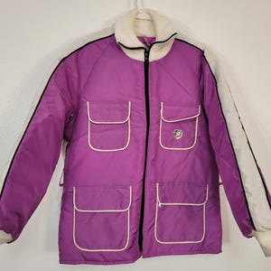 Vintage 1970s Arcticwear Arctic Cat purple nylon insulated snowmobile jacket women&#39;s L (missing belt) pristine, may be new and unworn!