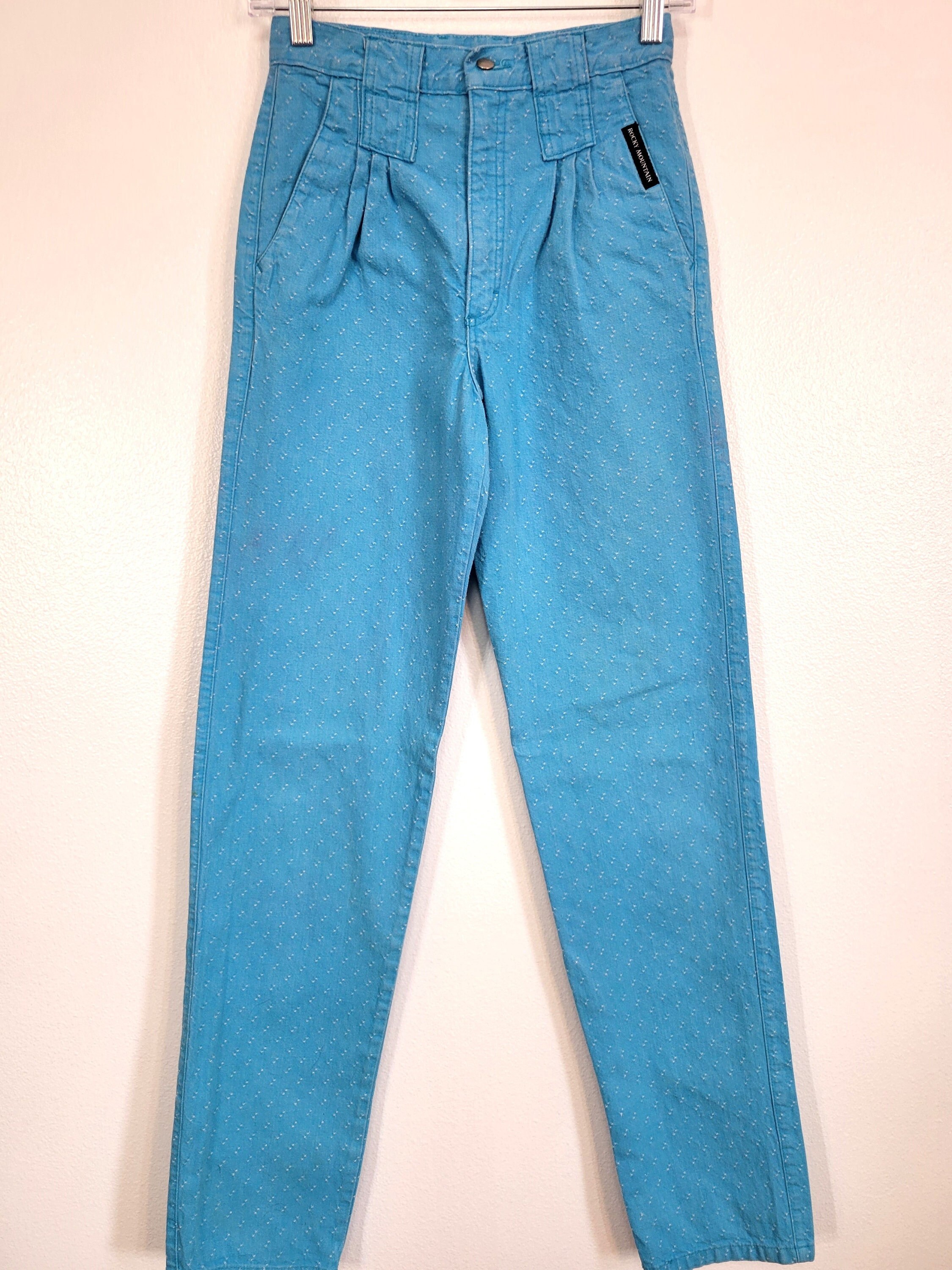 Vintage 1980s Rocky Mountain Turquoise Blue Eyelet-Texture Dotted Cotton Denim Blue Jeans Girls' 14 S 23x32 Made in USA Line Dance! Garth?