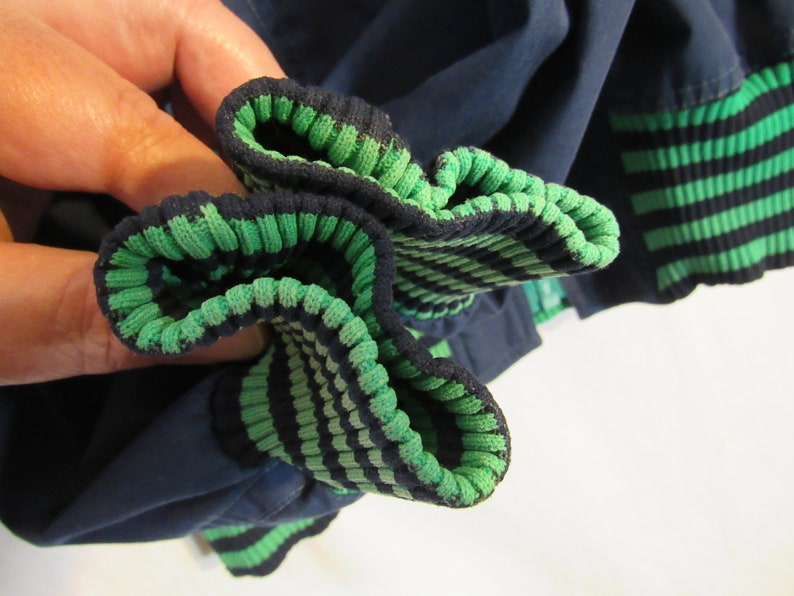 May include: Close-up of a navy blue garment with green and navy striped ribbed cuffs. The cuffs are folded over, revealing the interior green stripes. The fabric appears to be a soft, possibly knit material.