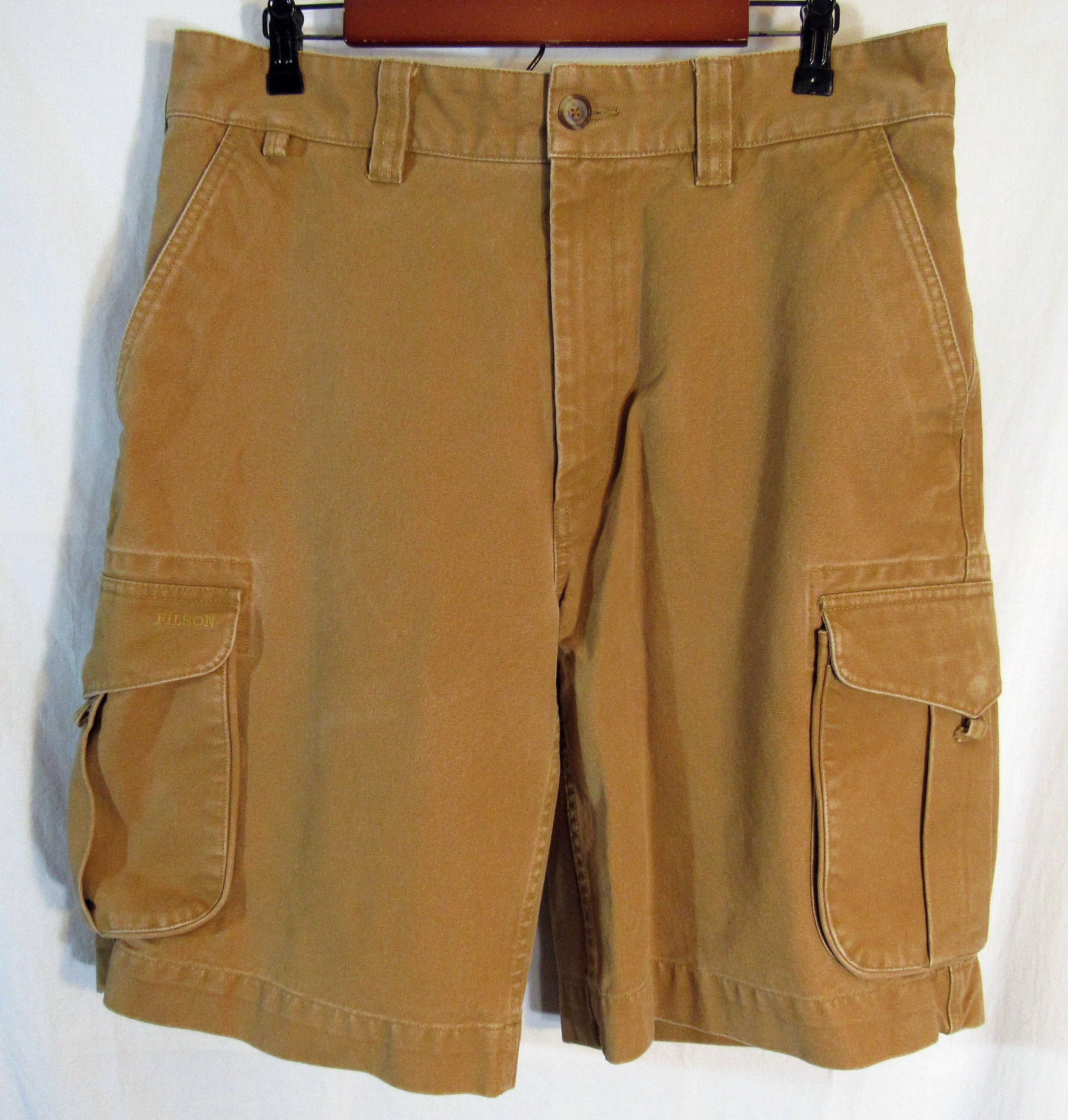 Filson, Vintage Filson Unworn? but washed? Men's Cotton Canvas Cargo Shorts, Size 35" x 10.5" x 23", Light Brown