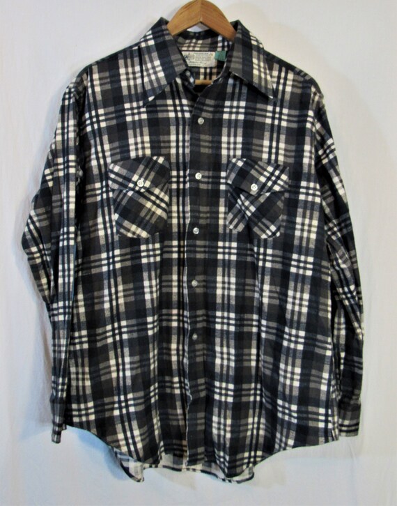 PetesObsolete 1970s Kmart Preshunk Blue \u0026 Gray Plaid 100% Cotton Flannel Button Front Shirt Men's L Neck 16 - 16 1/2