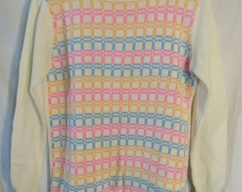 Vintage 1970s Nan Dorsey back zippered rainbow grid weave white women's acrylic sweater 36" bust pink blue yellow fluorescent near mint!