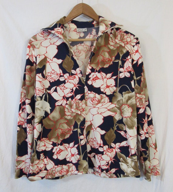 Vintage 1970s Lanie J. of California Polyester Large-Scale Print Floral Quarter-Zip Blouse Bust 32" gorgeous print!