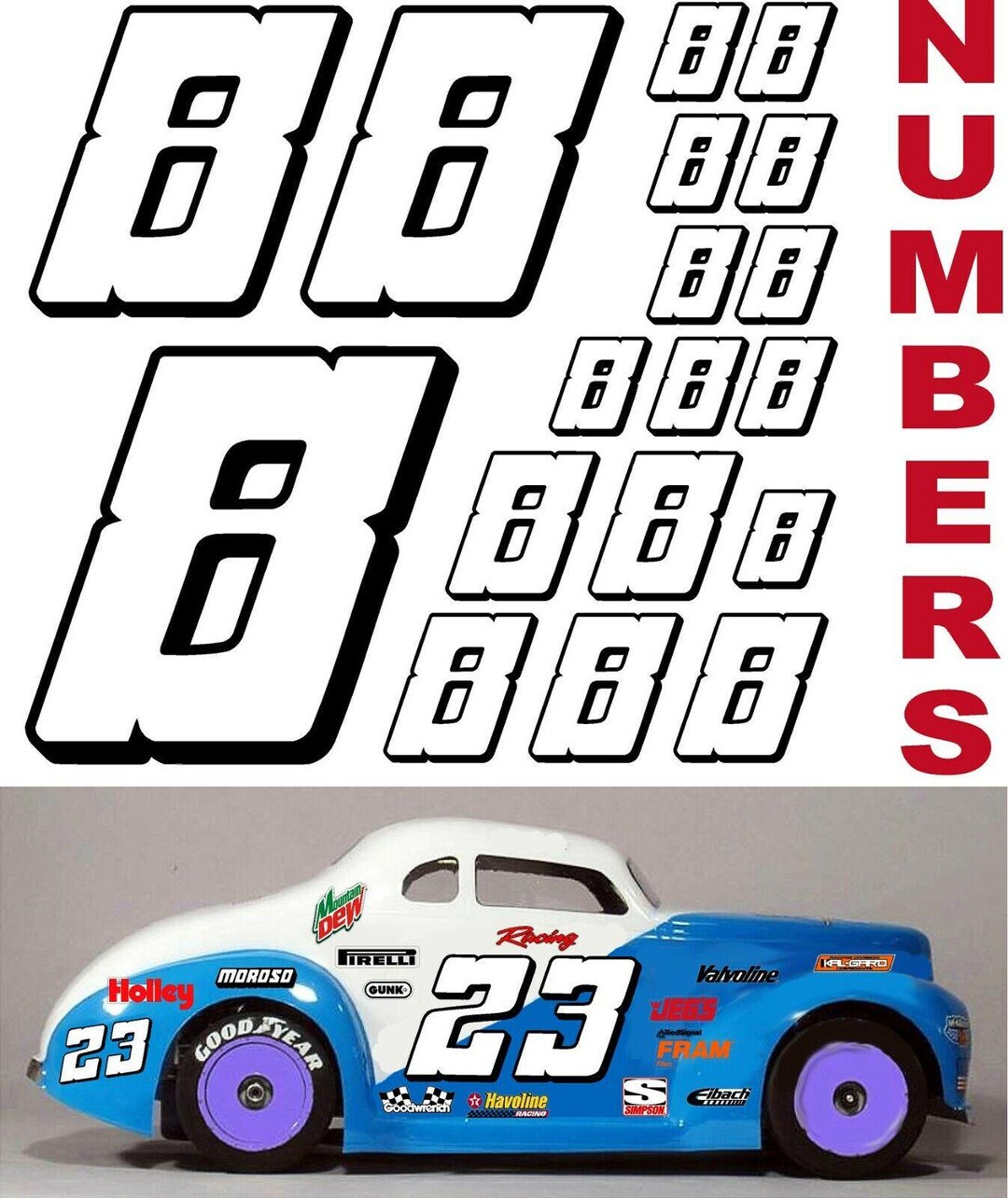 WHITE W/black (#8's) Racing Numbers Decal Sticker Sheet 1/8-1/10-1/12 ...