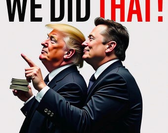Op de afbeelding: Twee mannen in zwarte pakken staan ​​naast elkaar. De man links houdt een stapel geld vast en wijst naar rechts. De tekst "WE DID THAT!" staat in grote, vetgedrukte letters bovenaan de afbeelding.