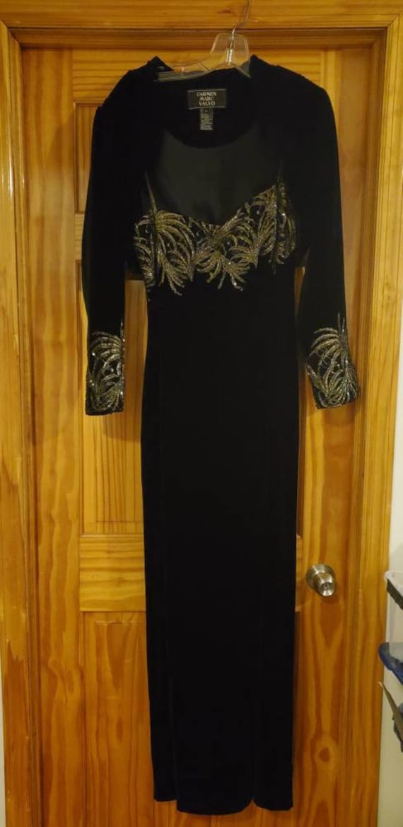 Carmen Marc Valvo Black Beaded Velvet Dress w/Bole