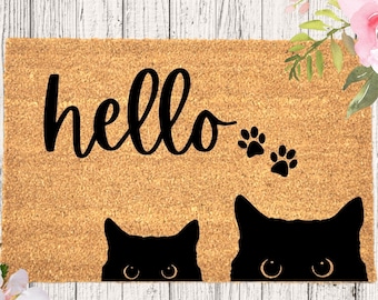 Black Cat Hello, Cat Peeking Doormat, Funny Door Mat, Homewarming Gift, Cat Doormat, Funny Cat Gifts, Cat Lover Gifts, Two Cats, Cat Eyes