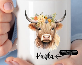 Personalisierte Highland Kuh Kaffeebecher, Becher Geschenk Name süße Highland Kuh, Geschenk für Kuh-Liebhaber, personalisiertes Geschenk für sie, Geburtstagsgeschenk für sie