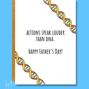 Może przedstawiać: Biała kartka z ż&oacute;łtym, pomarańczowym i niebieskim wzorem nici DNA. Na kartce widnieje tekst "Actions speak louder than DNA. Happy Father's Day!"