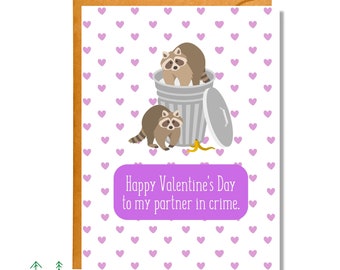 Happy Valentines Day to My Partner in Crime, Valentine's Day Card, Raccoon Card
