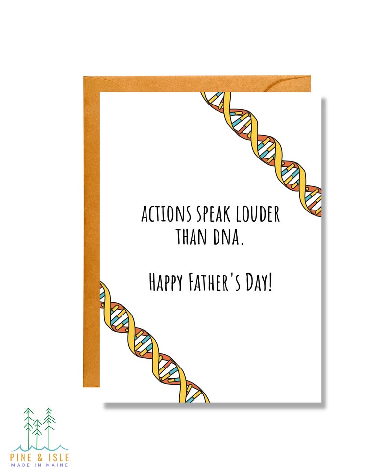 Może przedstawiać: Biała kartka z kolorowym wzorem nici DNA. Na kartce widnieje tekst "Actions speak louder than DNA. Happy Father's Day!"