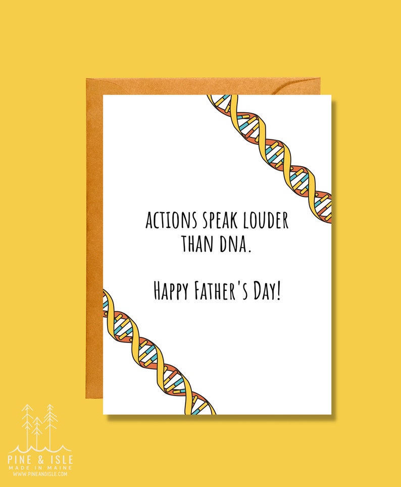 Może przedstawiać: Biała kartka z ż&oacute;łtym, pomarańczowym, czerwonym i niebieskim wzorem nici DNA. Na kartce widnieje tekst "Actions speak louder than DNA. Happy Father's Day!"