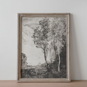 Vintage Landscape Tree Sketch | PRINTABLE DIGITAL Print | Moody Tree Artwork | Autumn Print | Vintage Download | Black and White Tree Art
