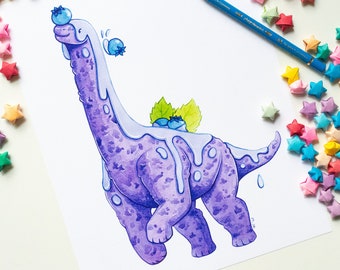 Blueberry Tallcake Art Print | Dessert Dino Watercolor Matte Artwork Reproduction | Dinosaurs prehistoric animal food illustration handmade