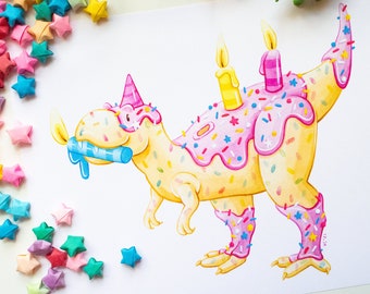 ConfetTi Rex Cake Art Print | Dessert Dino Watercolor Matte Artwork Reproduction | Nursery Decor, Kids Room, Dinosaur Theme