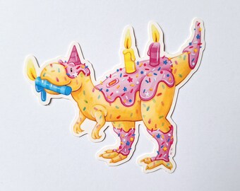 Dessert Dino Sticker | ConfetTi Rex Cake Weatherproof Vinyl Stickers | Large dinosaur decals for laptops, cars, scrapbooking, stationery