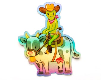 Holographic Cowboy Alien Sticker | Vinyl Weatherproof Stickers and Decals for Car, Skateboard, Laptop, Phone Case by Vena Carr Illustration