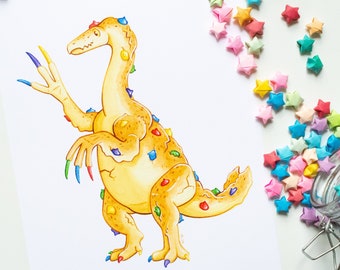 Rainbow Chip Therizino Art Print | Dessert Dino Watercolor Matte Artwork Reproduction | Dinosaurs prehistoric cute illustration handmade