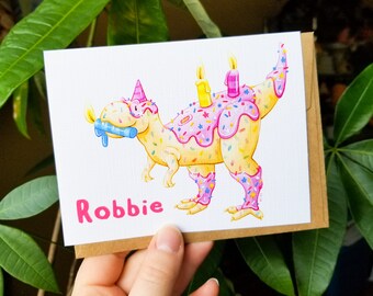 PERSONALIZED Dinosaur Greeting Card | Dessert Dino Cards for Birthdays & Celebrations | Toddlers, Kids, and Teens | Vena Carr Illustration
