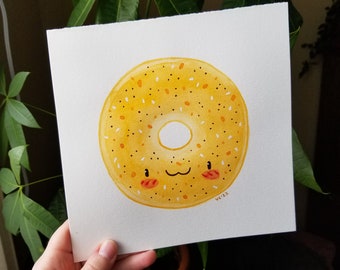 Alles Bagelschilderij | Leuke voedselkunst | Origineel handgemaakt aquarelkunstwerk van Vena Carr Illustration