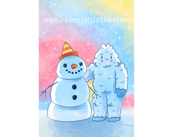 Yeti & Sneeuwpop Mini 5x7 Art Print | Magisch pastel winter schattig kunstwerk voor kinderkamer en kinderkamer door Vena Carr Illustration