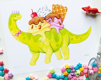 Sundaesaurus Art Print | Dessert Dino Watercolor Matte Artwork Reproduction | Nursery Decor, Kids Room, Dinosaur Theme