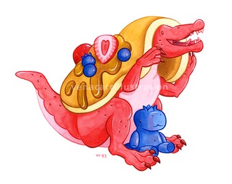 Berryonyx Pancake | Dessert Dino Art Print | Baryonyx Dinosaur Wall Art | Cute Paleoart | Gifts for Kids | Artwork by Vena Carr Illustration