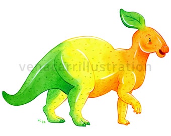 Pearasaur Dessert Dino Art Print | Pear Parasaurolophus Dinosaur Watercolour Character Design Artwork by Vena Carr Illustration