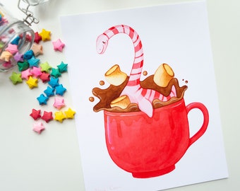 Dessert Dino Print | Plesiomint Hot Chocolate | 8"x10" Art Prints | Dinosaur Plesiosaur Prehistoric Watercolor Cute Wall Art Illustration