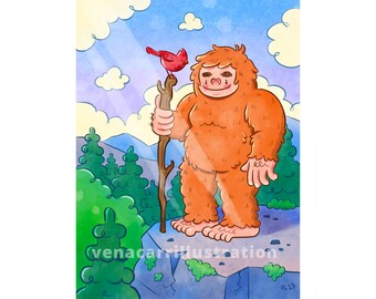 Hiking Bigfoot Art Print | Cute Cryptid Yeti Sasquatch Forest Woodland Creature Artwork 8x10 | Vena Carr Illustration