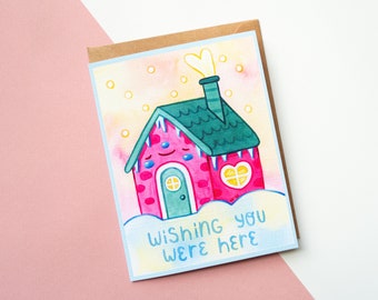 Cute House Christmas Card | Wishing You Were Here | Sentimental Holiday Winter Notecards | Handmade watercolor art by Vena Carr Illustration