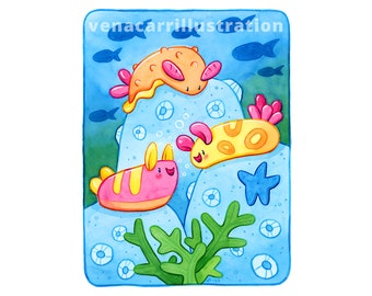 Sea Slugs Art Print | Sea Bunny Marine Life Watercolor Illustration | Decor for Nursery Kids Room Home | Cute Art by Vena Carr Illustration
