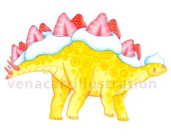 Stegoberry Shortcake Art Print | Dessert Dino Watercolor Art Reproduction | Stegosaurus dinosaur, prehistoric animals, handmade illustration