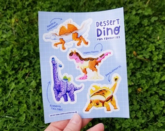 Dessert Dino Sticker Sheet | Cute Dinosaur Vinyl Decals | Carnotaurus, Ankylosaurus, Spinosaurus, Sauropod | Vena Carr Illustration