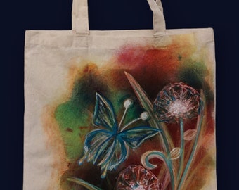 Painted cotton fabric bag/carrying bag/shopping bag/fabric bag/butterfly/flowers/colorful